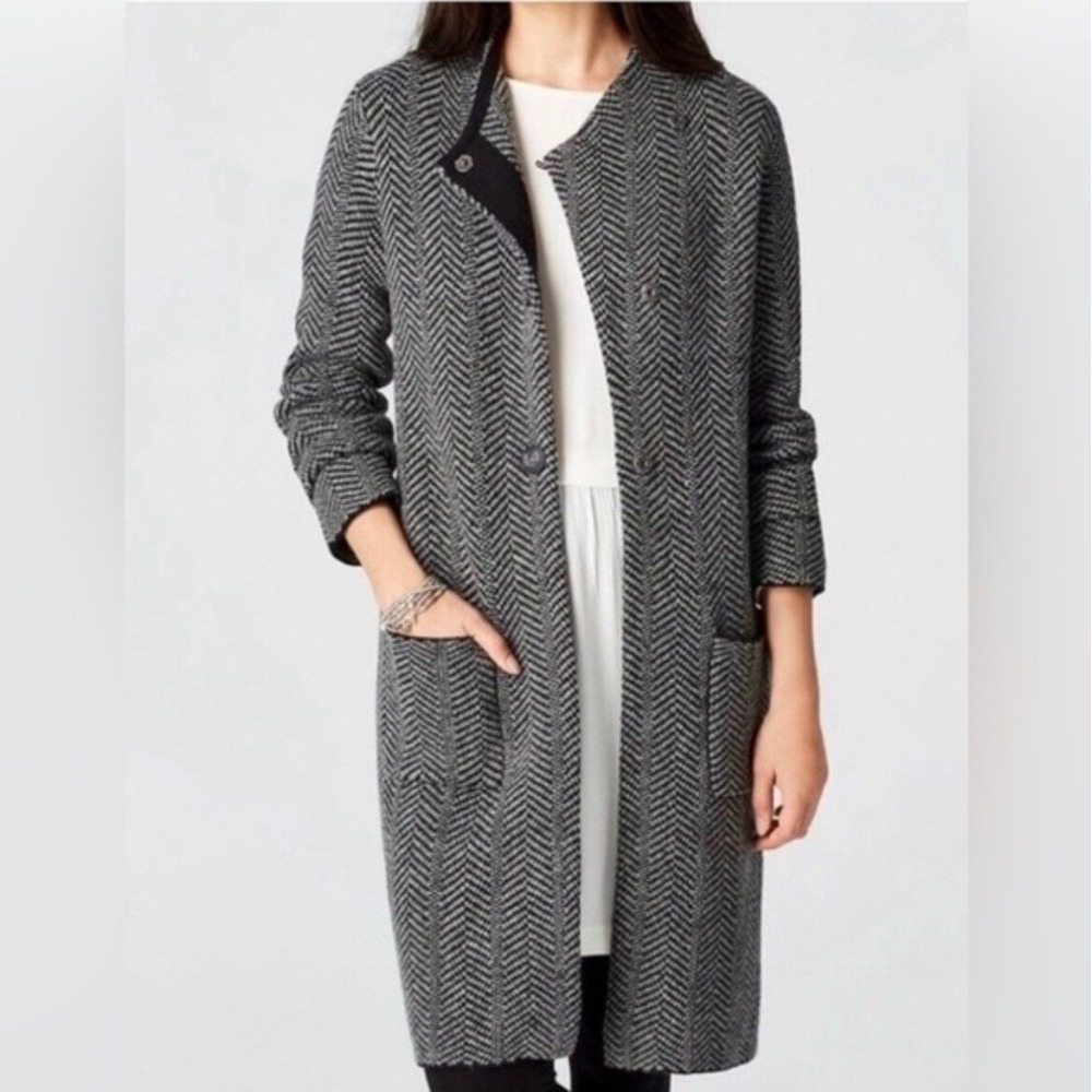 J. Jill Herringbone Duster Cardigan Sweater Womens XL Black Whiteβ Long Coat XL